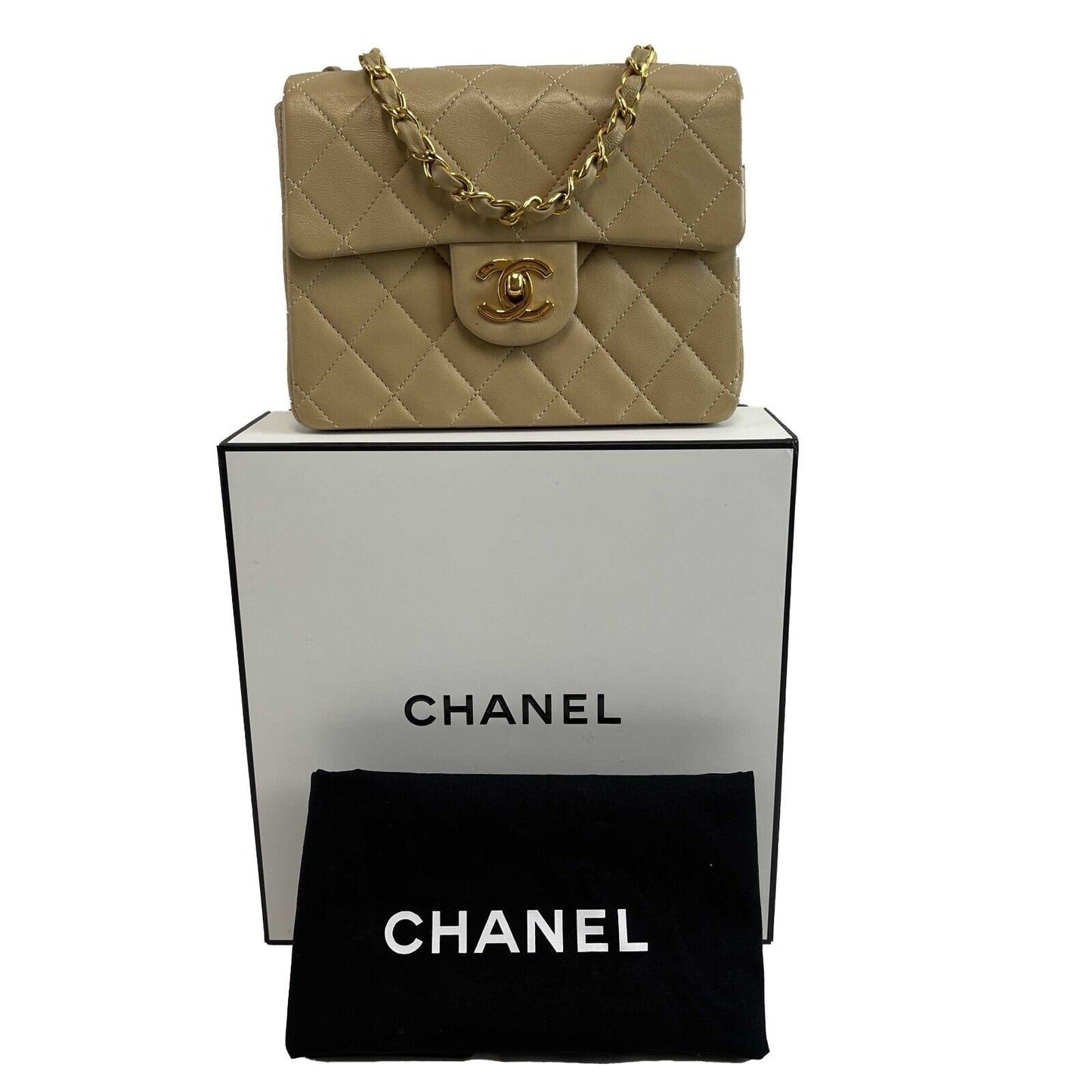 Chanel Vintage Classic Single Flap Mini Lambskin Beige Handbag Crossbody BOX