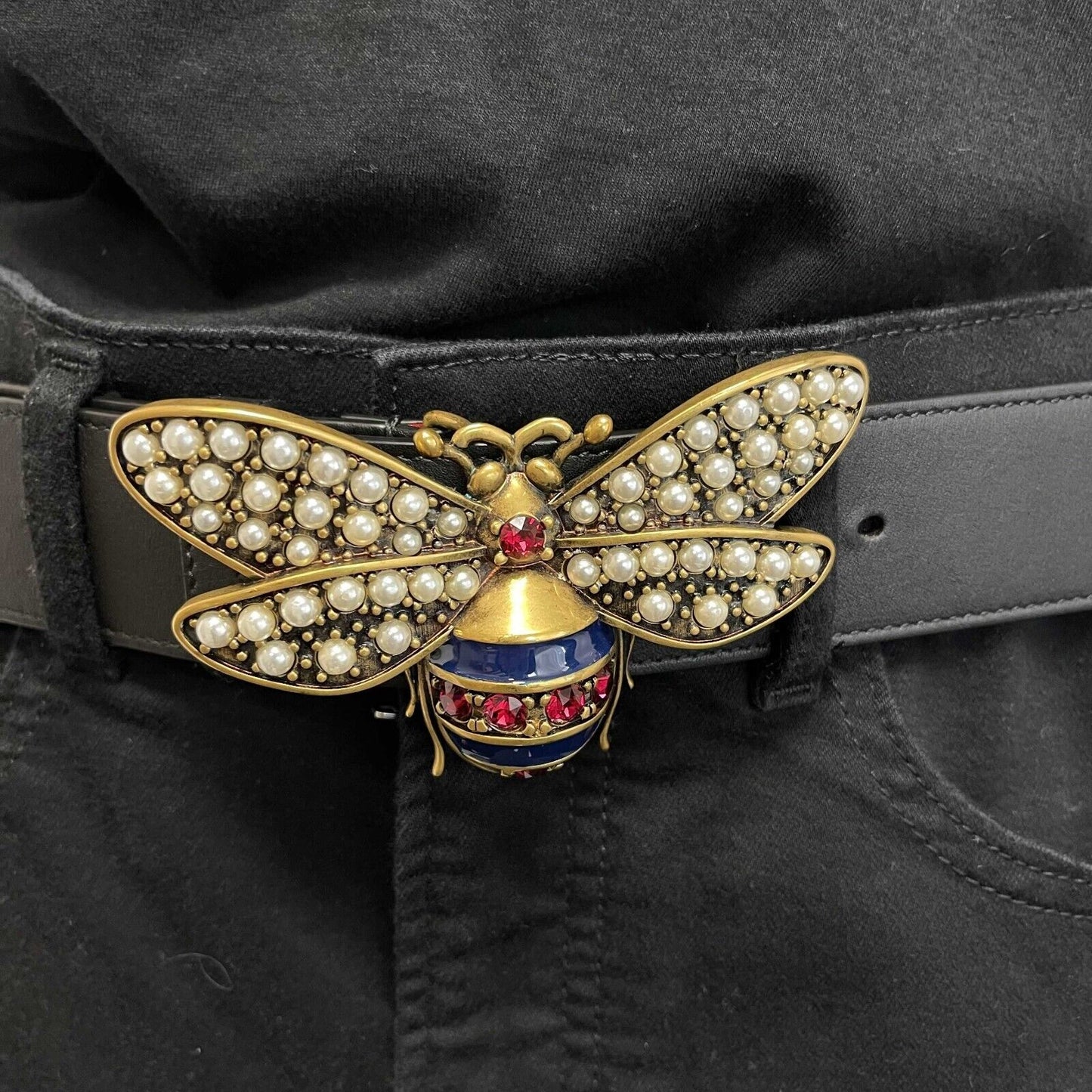 Gucci Queen Margaret Bee Crystal Calfskin Belt 85 34 PRISTINE