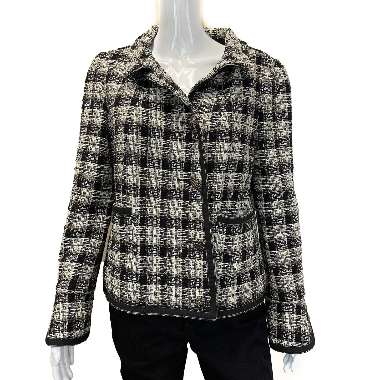 Chanel 08A Tweed Checked Metallic Blazer White & Black Jacket 46 US 14