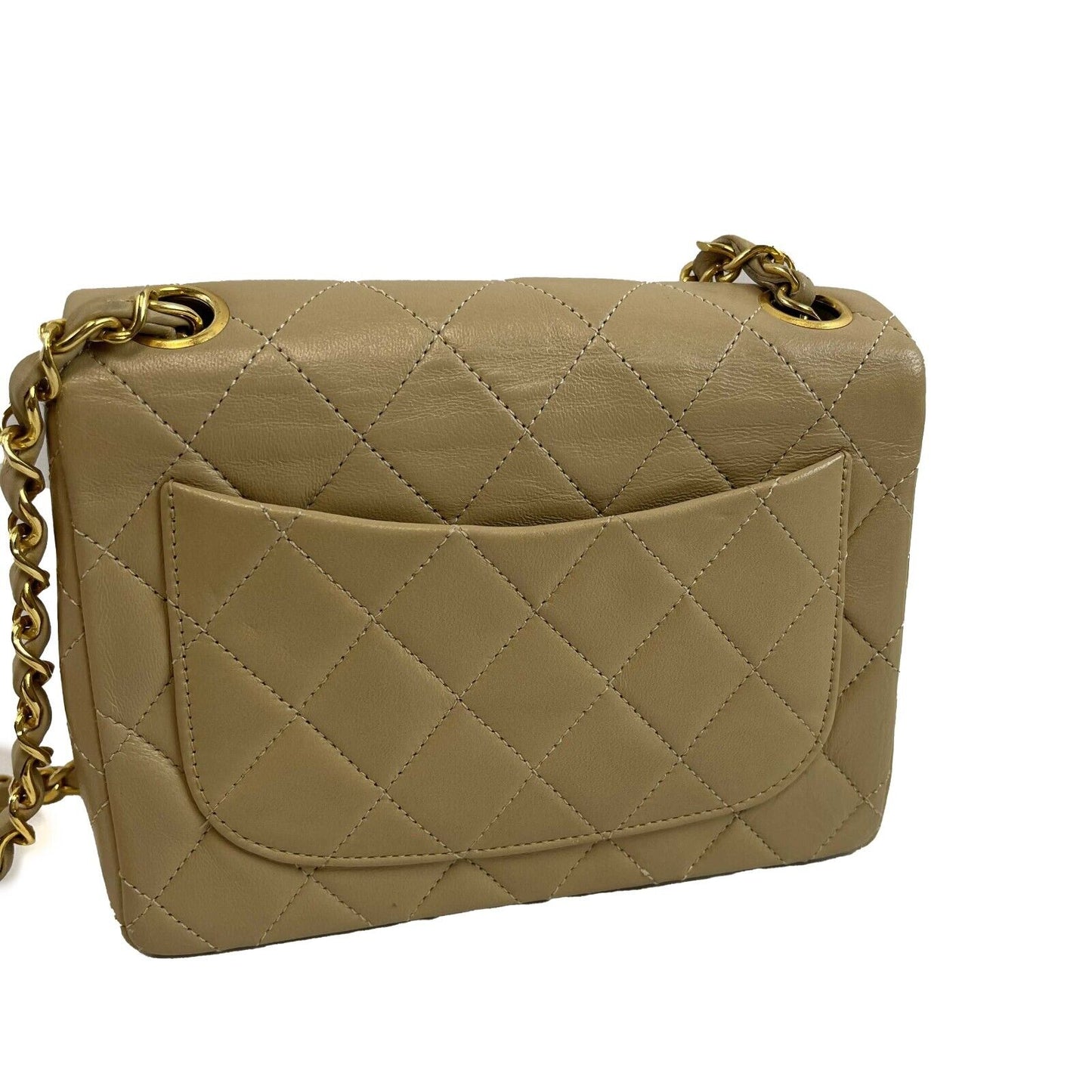 Chanel Vintage Classic Single Flap Mini Lambskin Beige Handbag Crossbody BOX