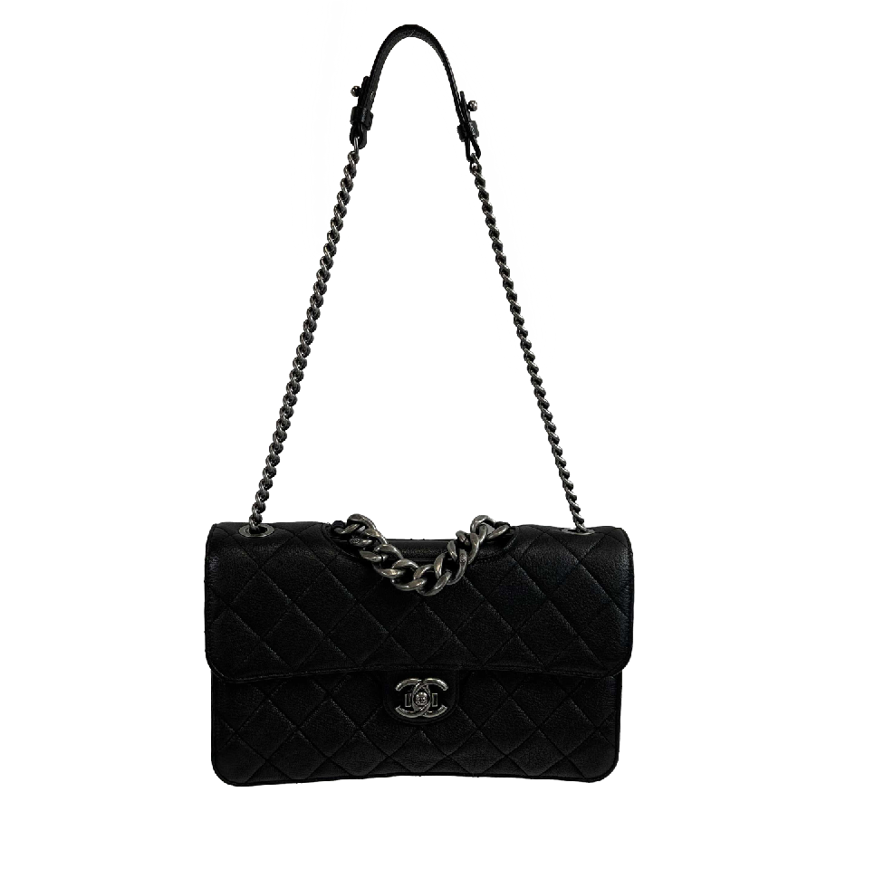 CHANEL - NEW Caviar Top Chain Jumbo CC Flap Strap Handle Black Shoulder Bag 19