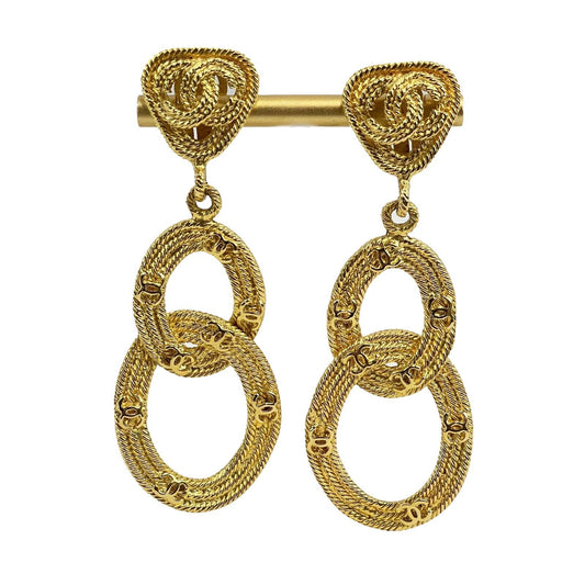 CHANEL - Vintage 28 Earrings Double Hoop Circle Swing Gold Plate Clip On