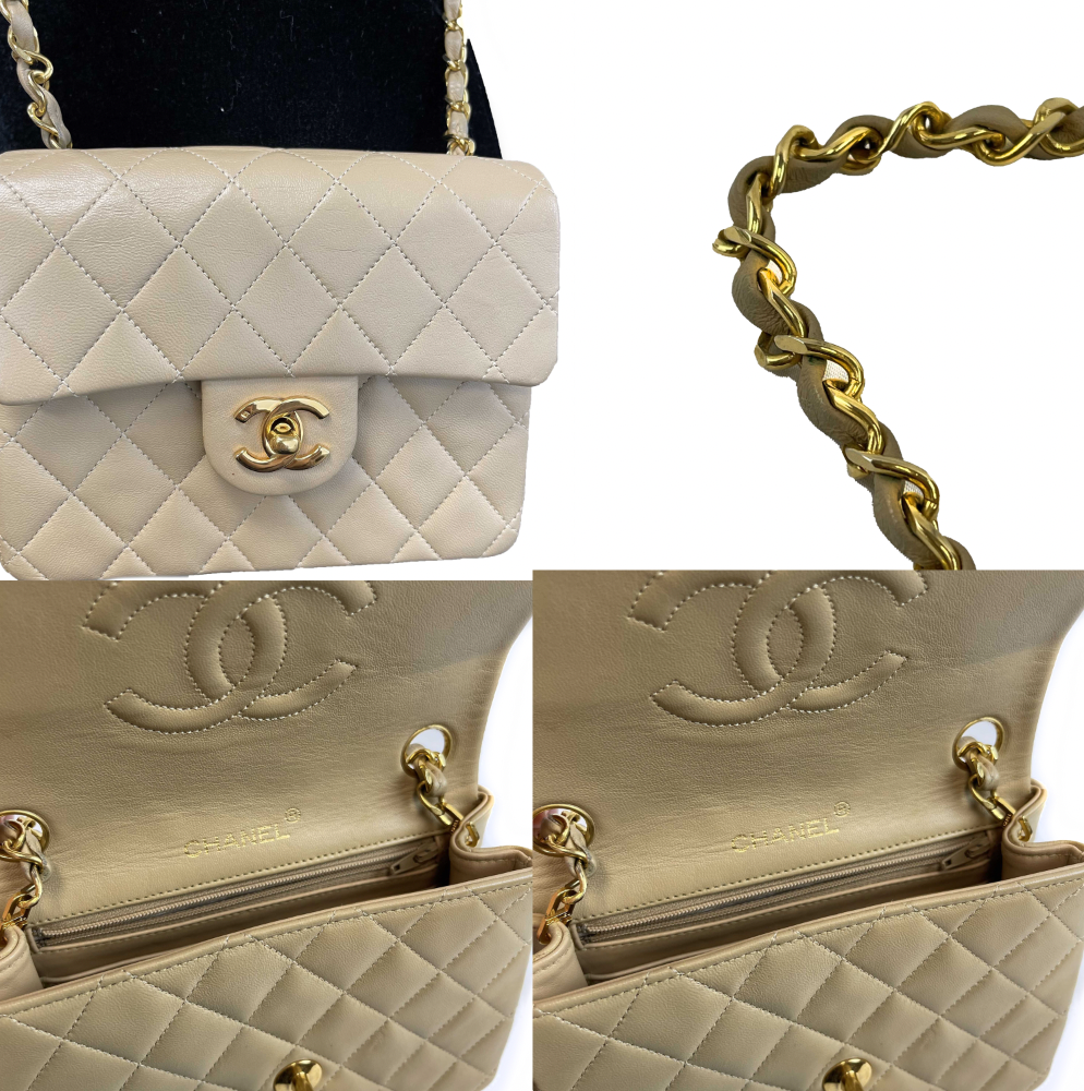 Chanel Vintage Classic Single Flap Mini Lambskin Beige Handbag Crossbody BOX