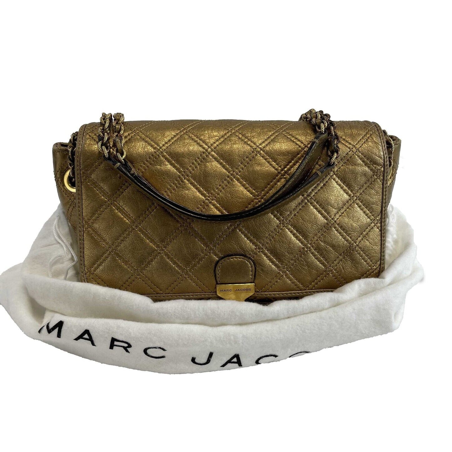 Marc Jacobs Excellent Metallic Gold Quilted Leather Flap Shoulder Bag Handbag