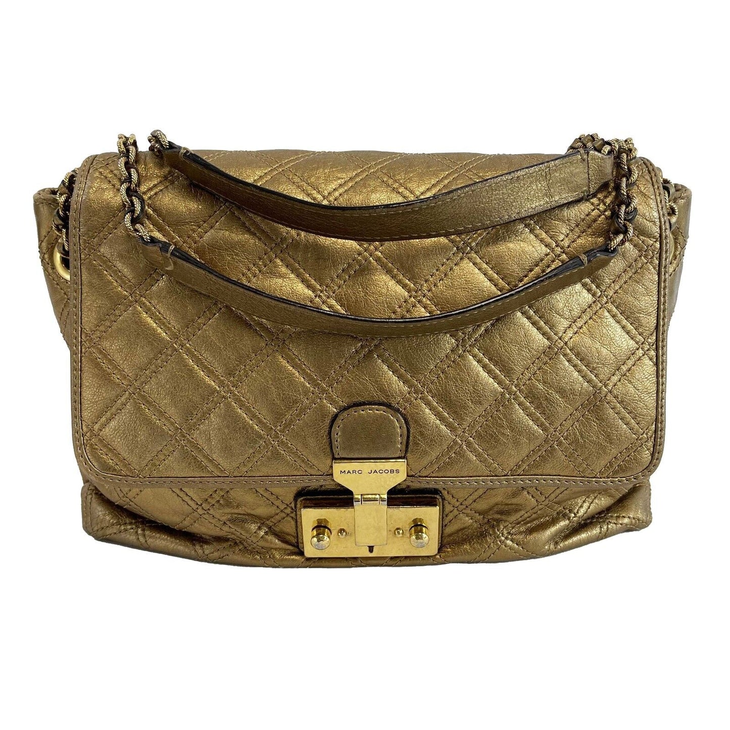 Marc Jacobs Excellent Metallic Gold Quilted Leather Flap Shoulder Bag Handbag