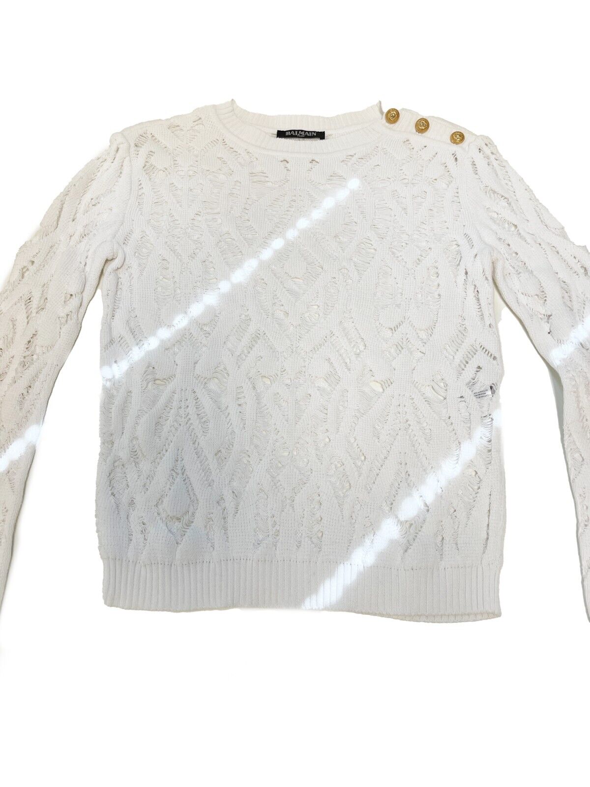 Balmain Pristine Crochet Destroyed Cotton Knit White Sweater 34 XS US 2