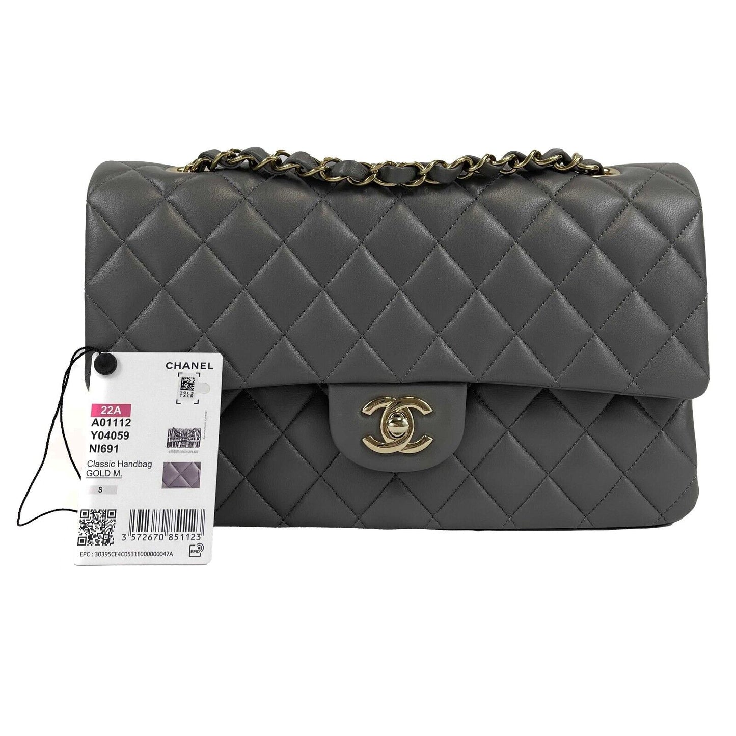 CHANEL - NEW 22A Classic Medium Double Flap Dark Grey CC Shoulder Bag