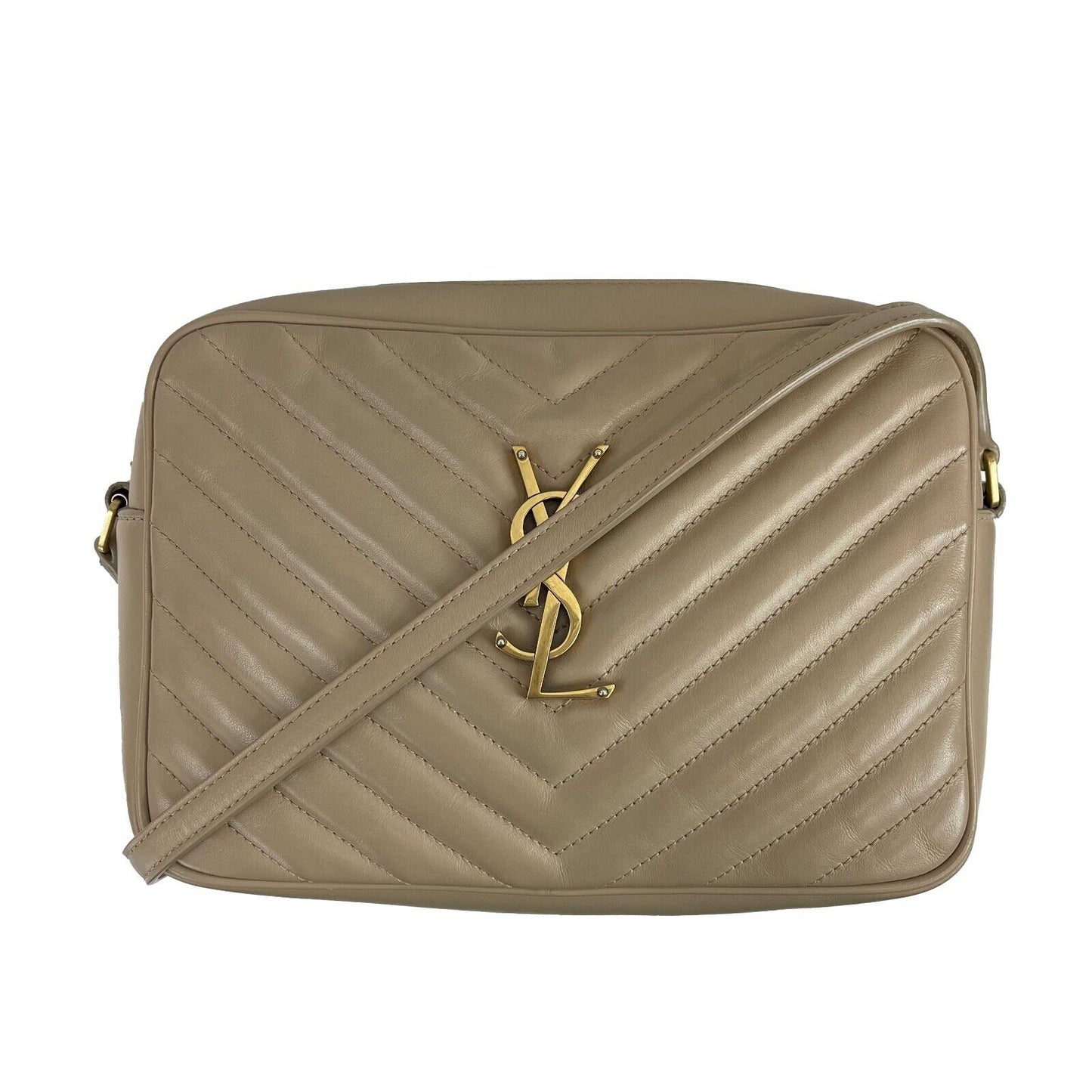 Saint Laurent YSL Beige Chevron Small Camera Bag w/ Tassel Crossbody