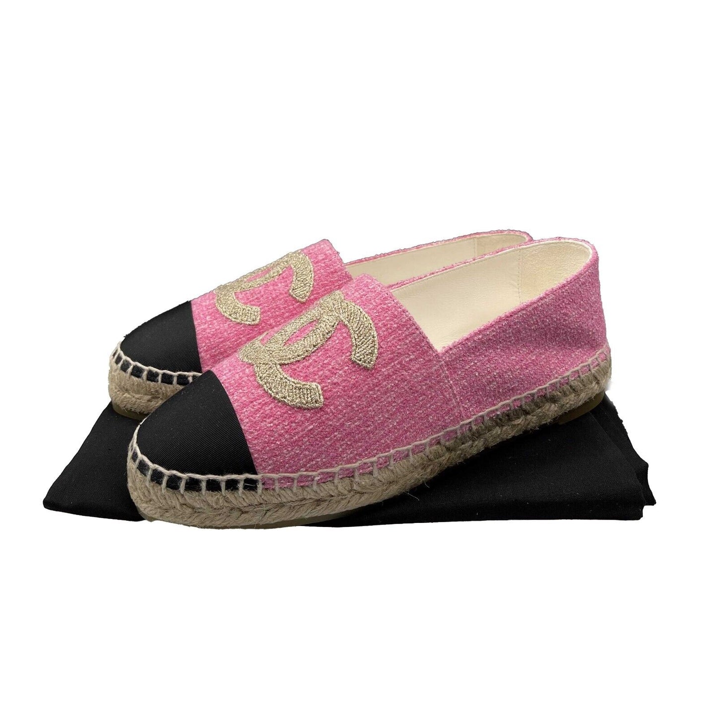 Chanel 23C NIB Tweed Grosgrain CC Pink Gold and Black Espadrilles 37 Pink US 7