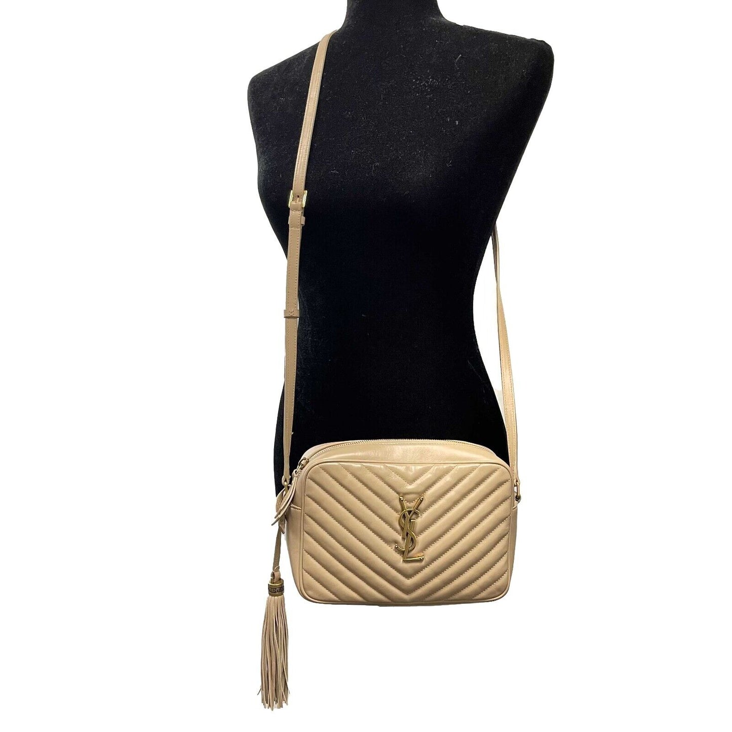 Saint Laurent YSL Beige Chevron Small Camera Bag w/ Tassel Crossbody