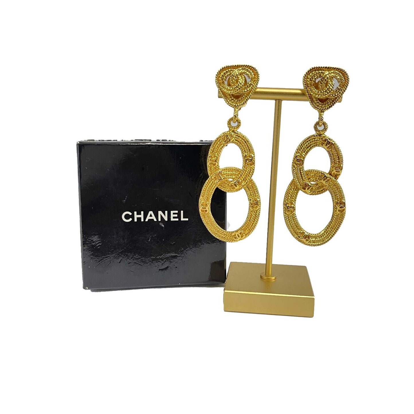 CHANEL - Vintage 28 Earrings Double Hoop Circle Swing Gold Plate Clip On