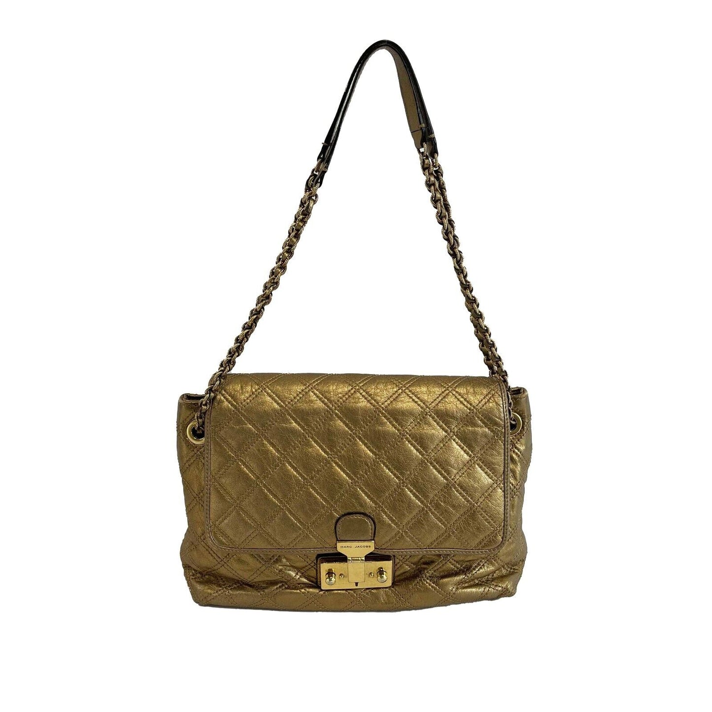 Marc Jacobs Excellent Metallic Gold Quilted Leather Flap Shoulder Bag Handbag