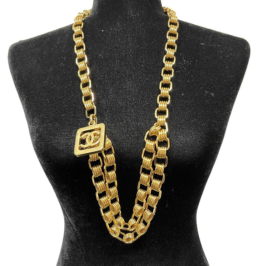 Chanel Vintage Gold Chain Belt CC Square Charm Excellent 36