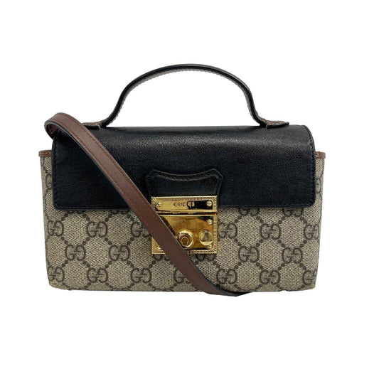 Gucci Mini Padlock Top Handle Bag GG Coated Canvas and Leather Brown Handbag