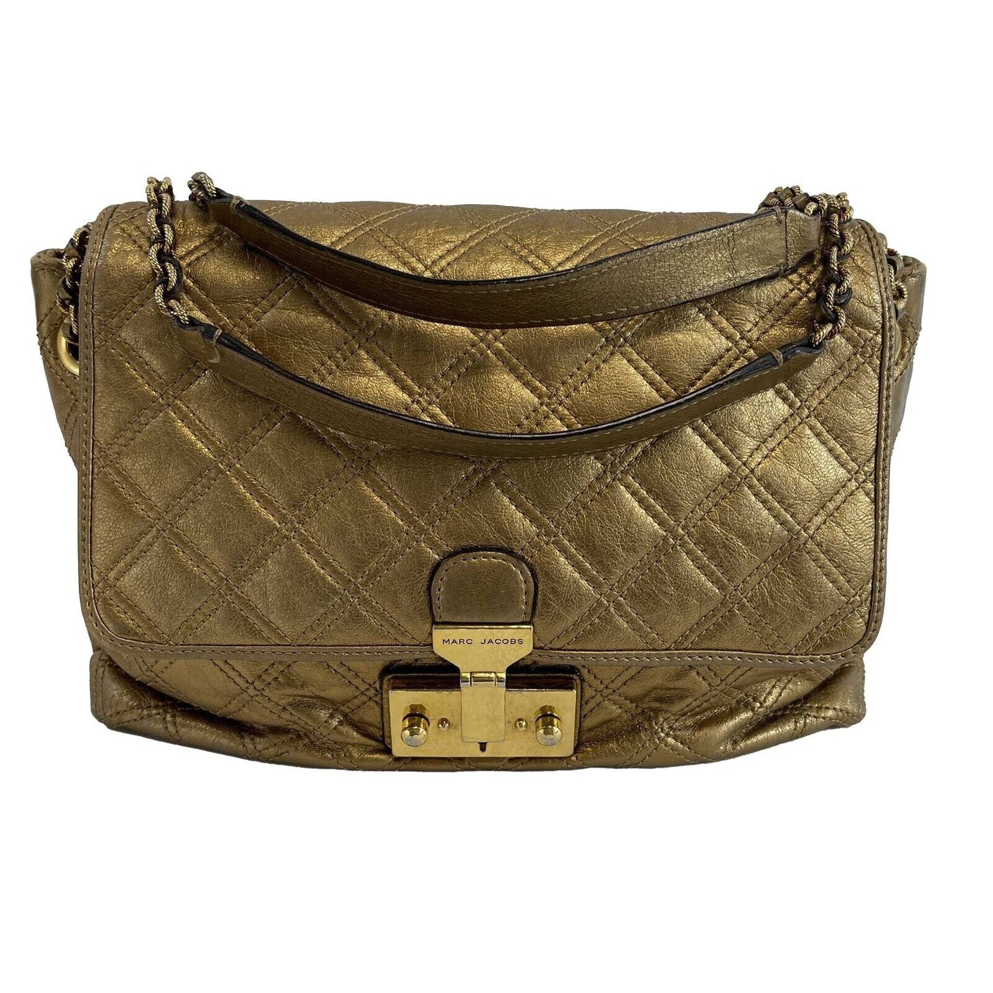 Marc Jacobs Excellent Metallic Gold Quilted Leather Flap Shoulder Bag Handbag