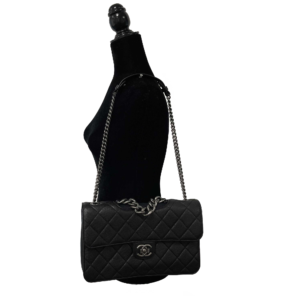 CHANEL - NEW Caviar Top Chain Jumbo CC Flap Strap Handle Black Shoulder Bag 19