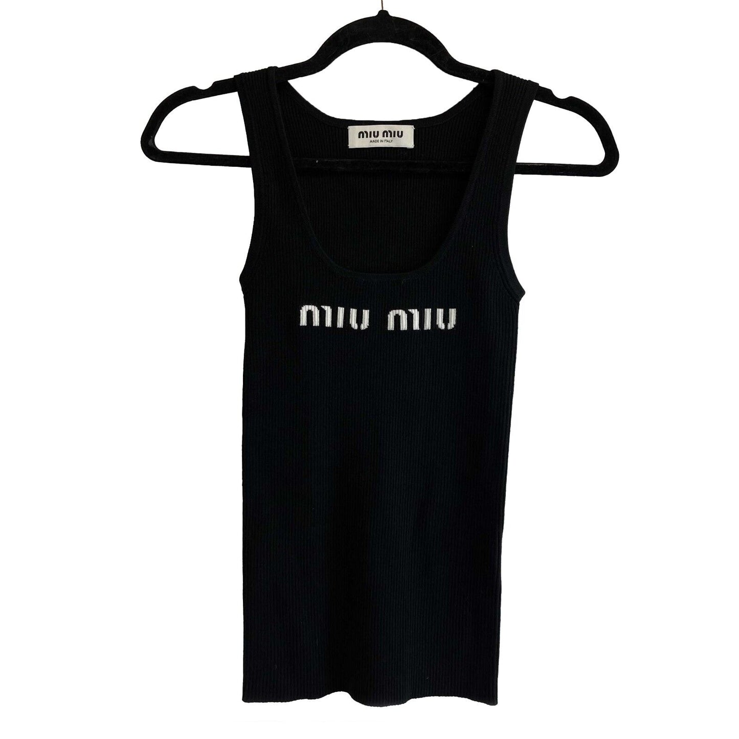 Miu Miu Viscose Tank Top In Nero Black Ribbed Tank Black, White 38 US 2