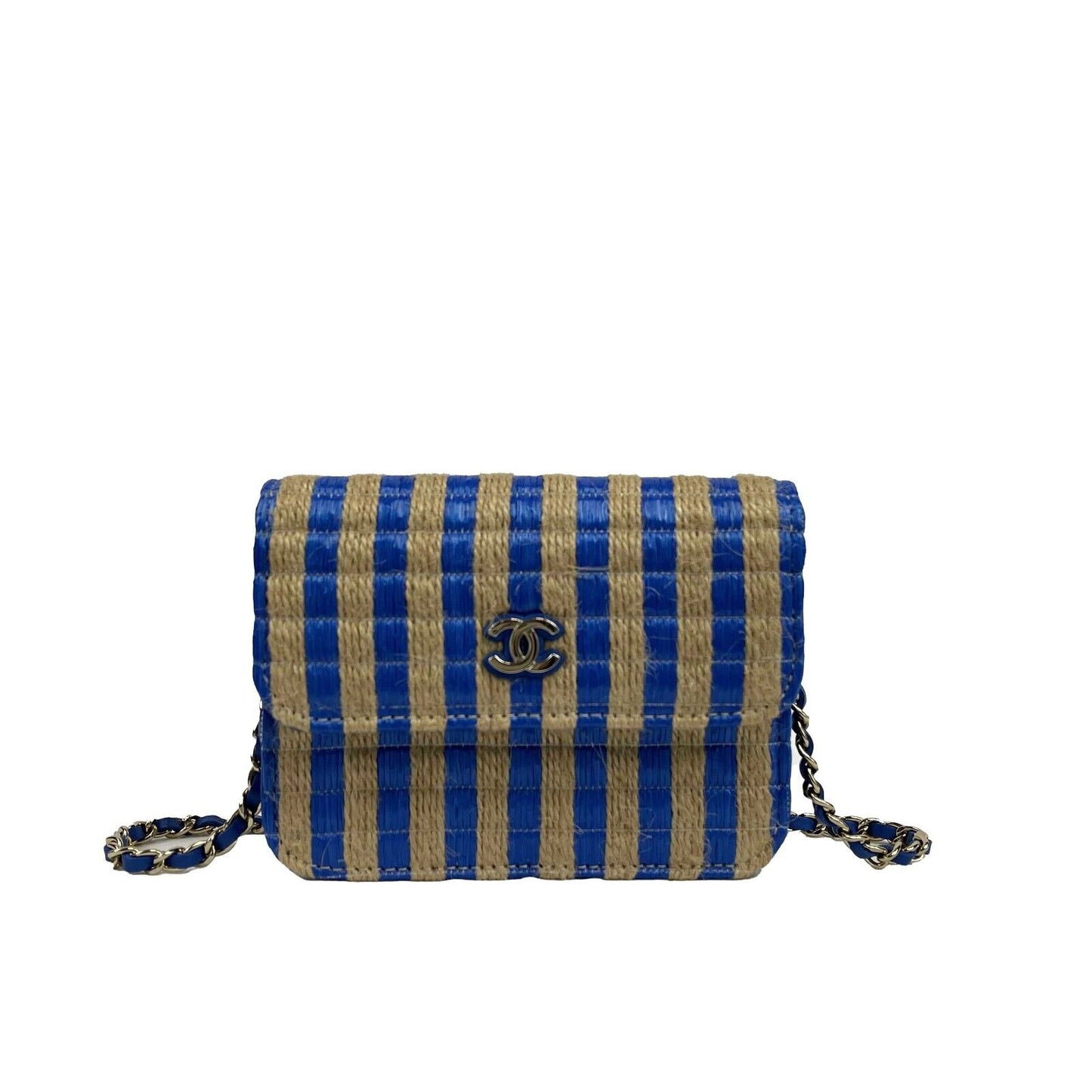 CHANEL - 2021 Raffia Jute Striped Belt Bag - Blue / Beige / Gold Hardware