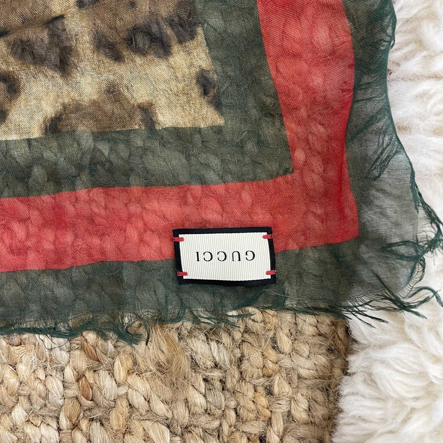 Gucci - Leopard Print Scarf - Frayed Edged - Brown, Black, Red, Green - OS