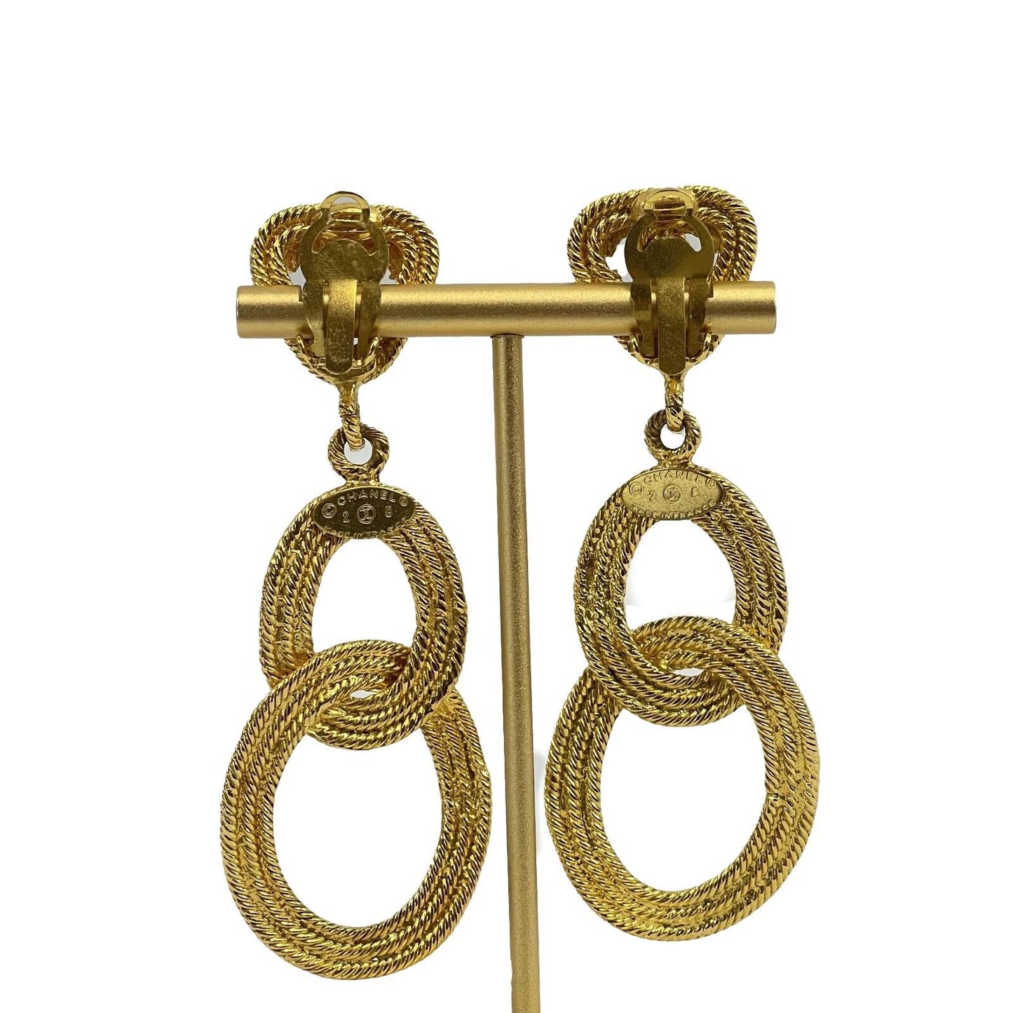 CHANEL - Vintage 28 Earrings Double Hoop Circle Swing Gold Plate Clip On