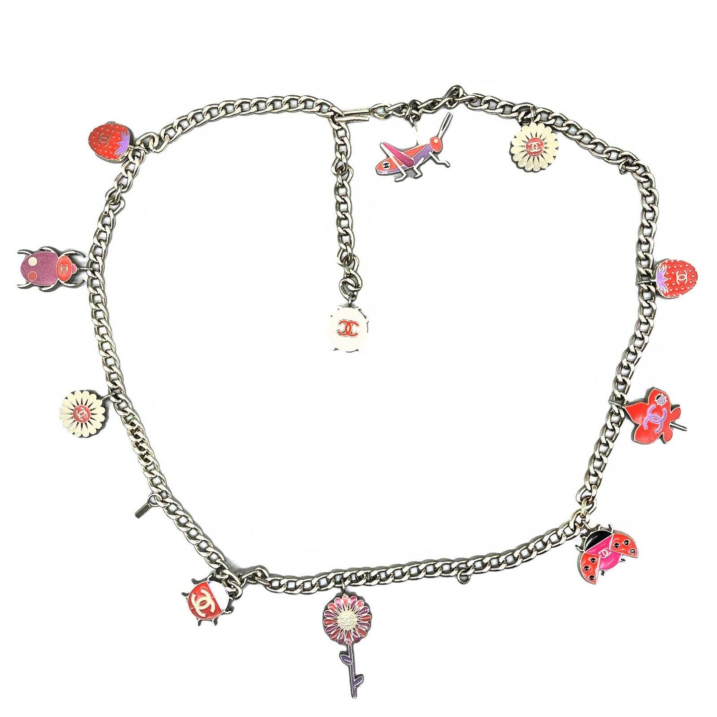 CHANEL- Ladybug CC Necklace / Belt - Garden Flower Charms 04P Silver