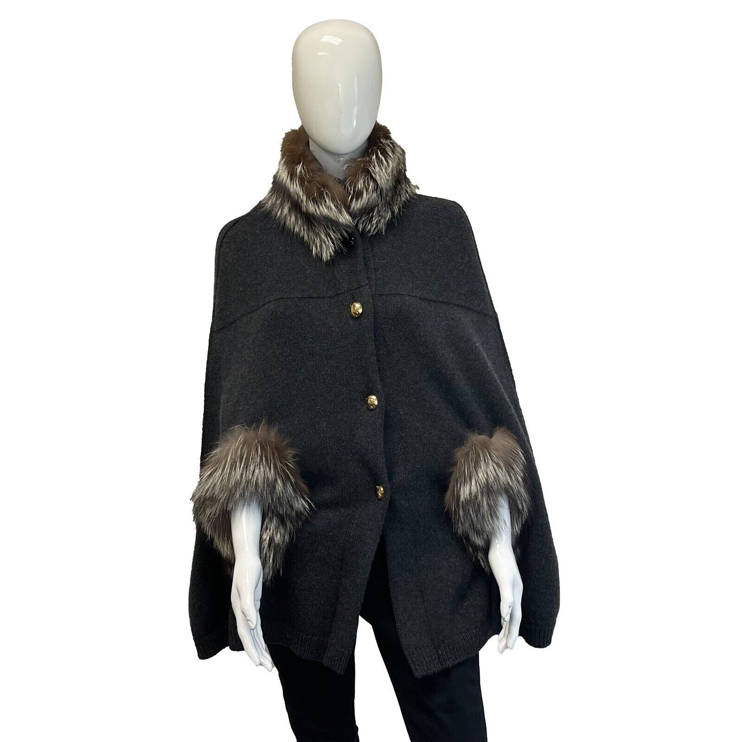 Louis Vuitton Pristine Poncho Cape with Fox Fur Collar Small Dark Gray