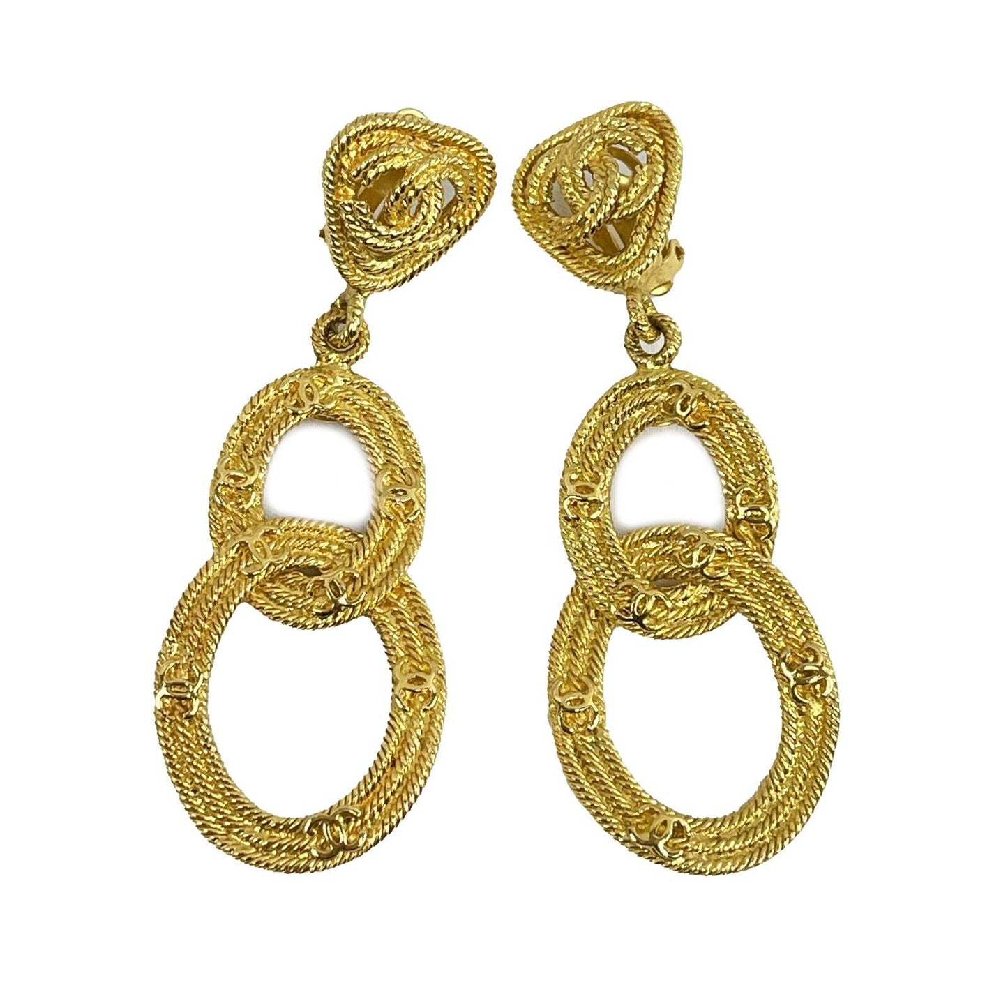 CHANEL - Vintage 28 Earrings Double Hoop Circle Swing Gold Plate Clip On