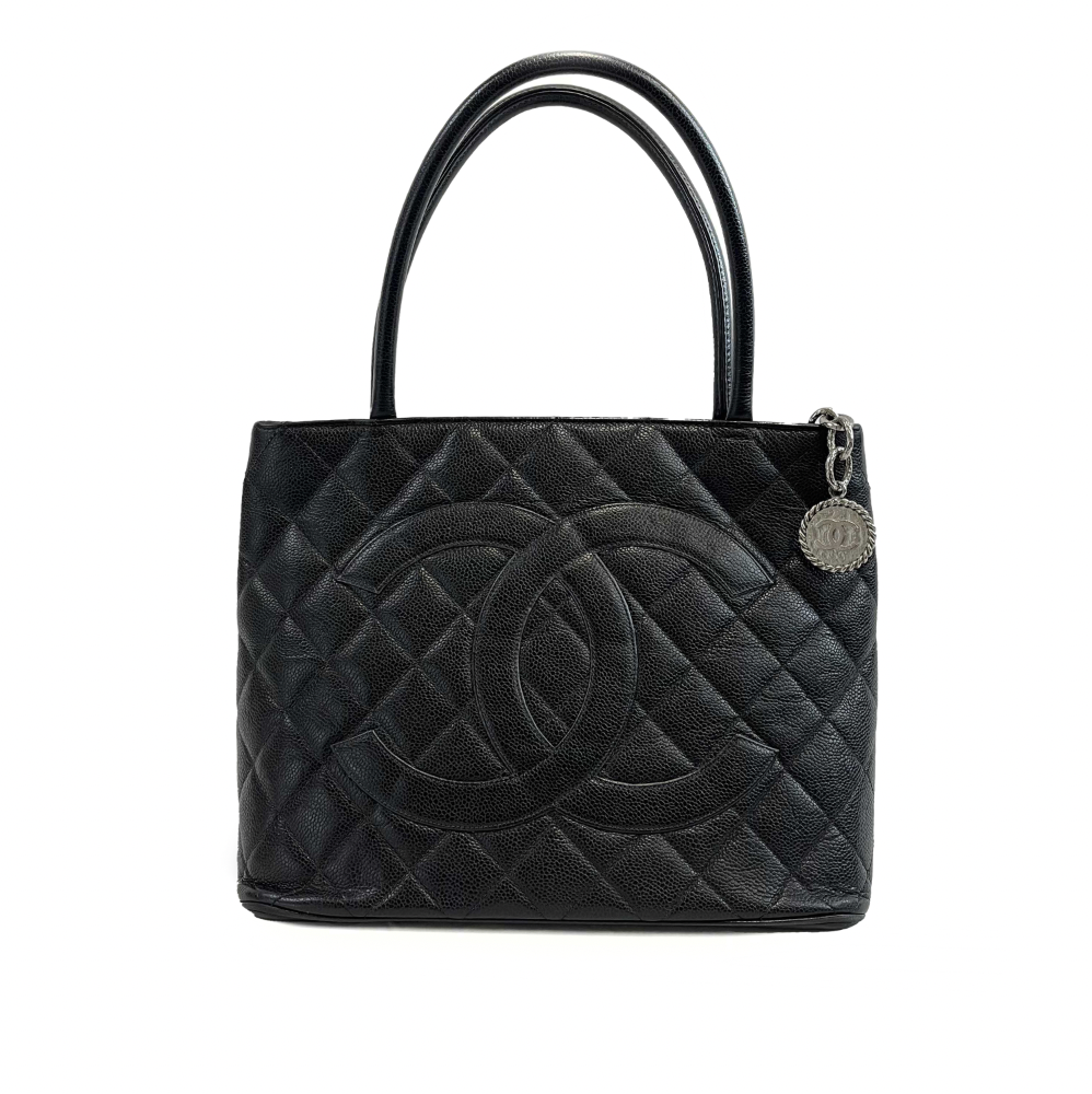 CHANEL - CC Medallion Black Diamond Quilted Caviar Leather Tote / Shoulder Bag