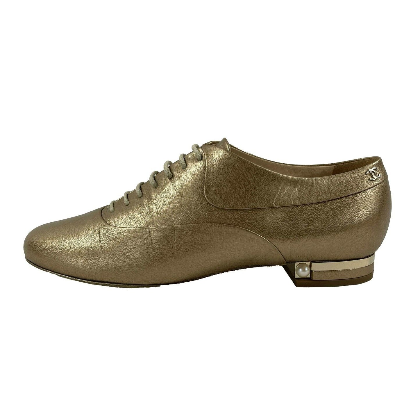 CHANEL - NEW 2015 Metallic Gold Leather CC / Pearl Oxford Shoes - 39 US 9