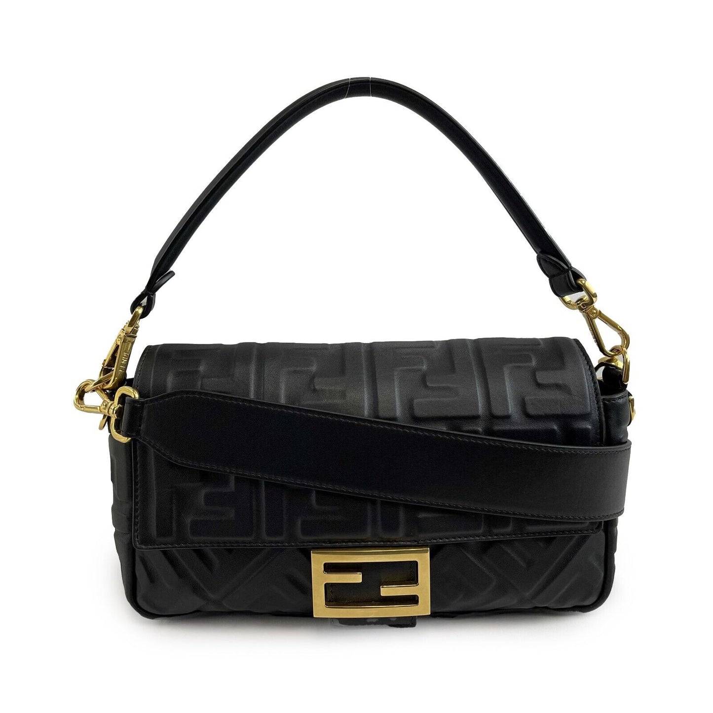 Fendi Baguette NM Zucca Embossed Leather Medium BlackHandbag