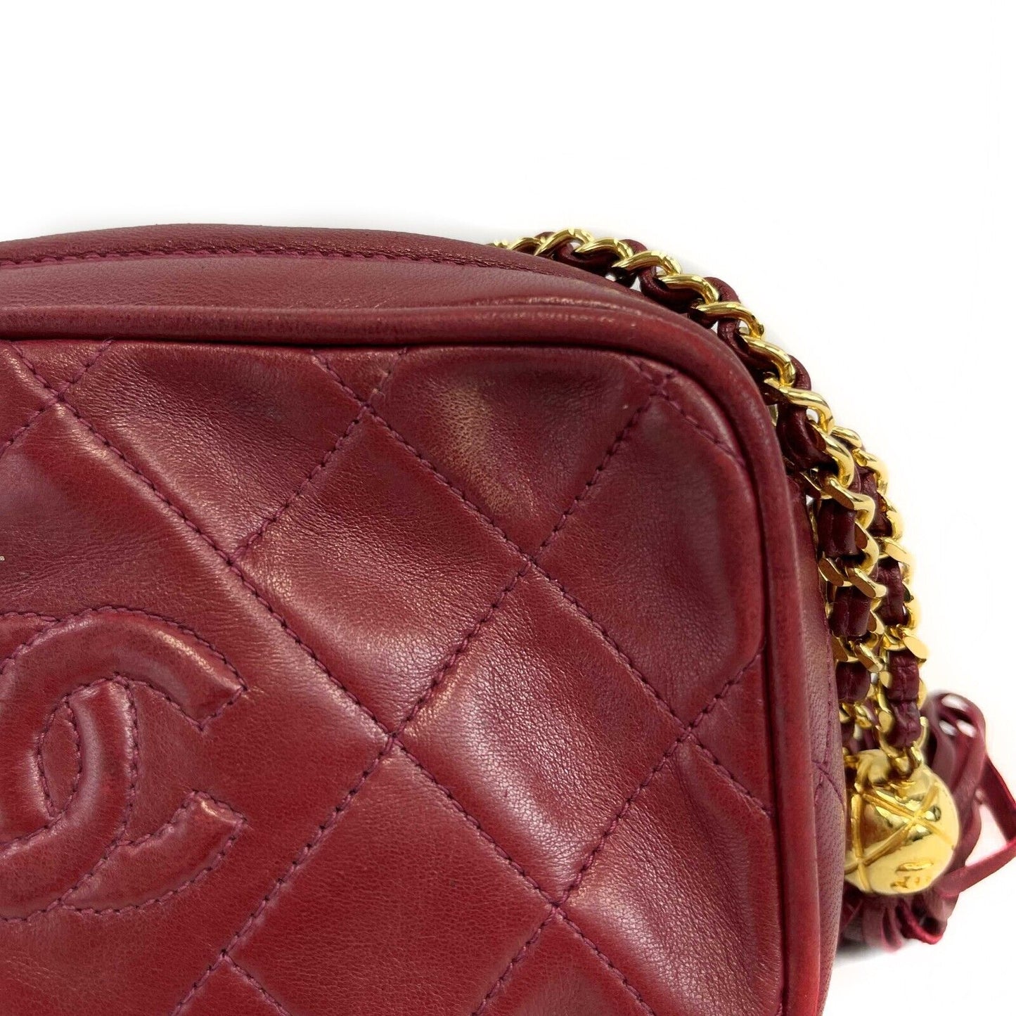 Chanel Vintage 90's Diamond Camera CC quilted Lambskin Tassel Red Handbag