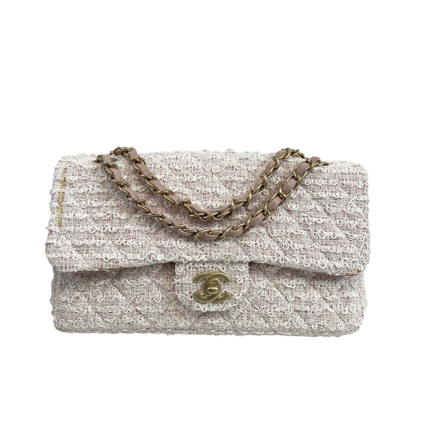 Chanel Good Classic Double Flap in Medium Tweed Pink Crossbody Bag