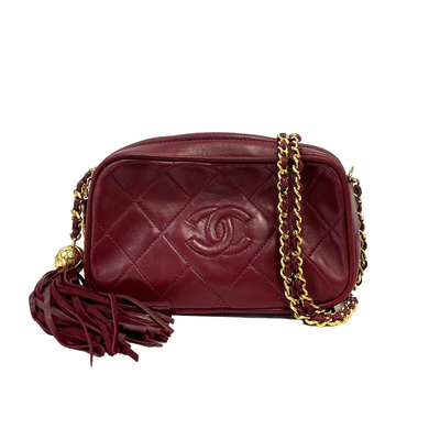 Chanel Vintage 90's Diamond Camera CC quilted Lambskin Tassel Red Handbag