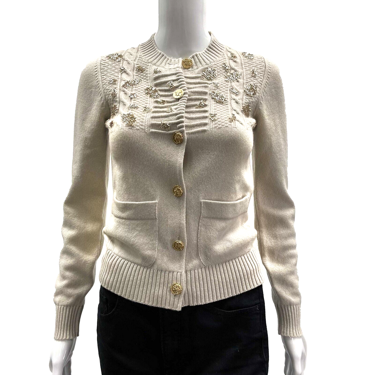 Chanel 16A Paris Rome Beaded Cardigan Sweater 34 US 2 Beige Pristine