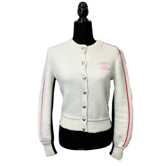 Chanel 21-22FW Varsity Sweater Jacket - Ivory Pink CC / Racer Trim - 34 US 2