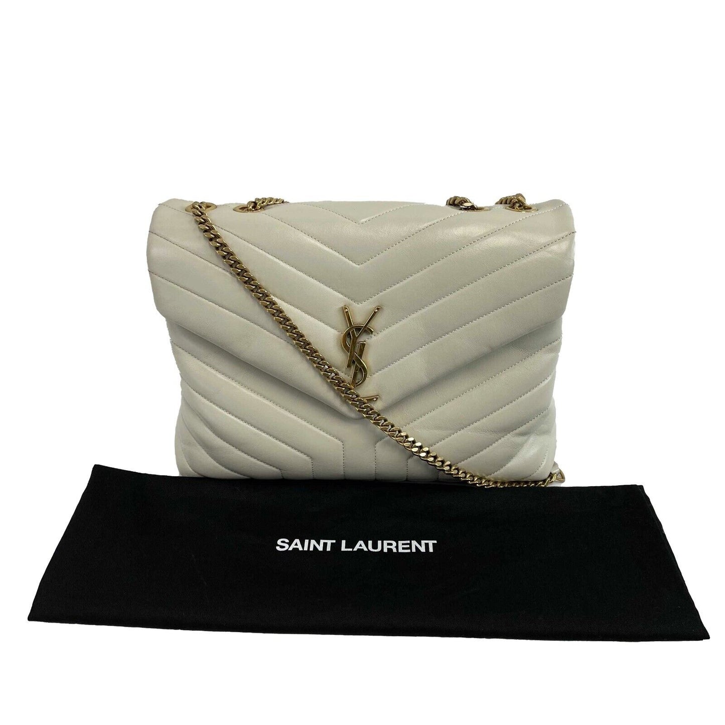 Saint Laurent - YSL Loulou Medium Chain - Calfskin Leather Beige Shoulder Bag