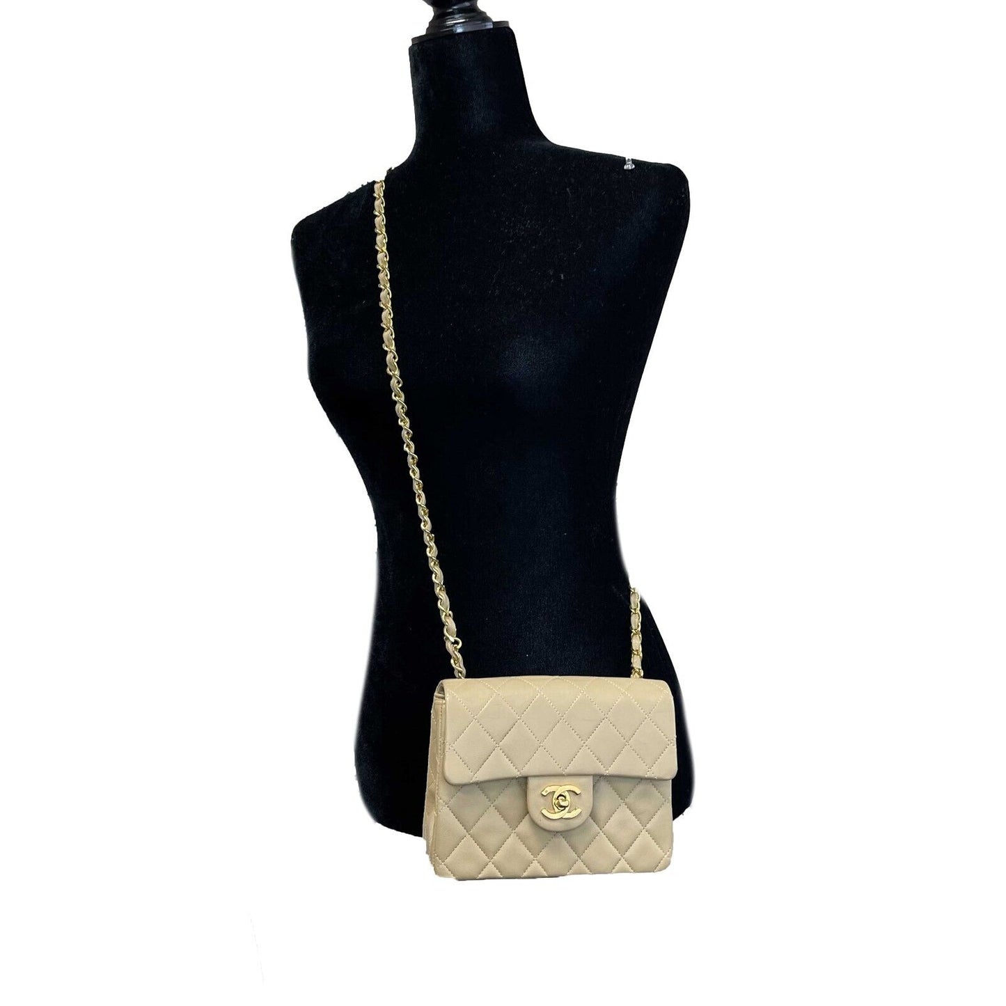 Chanel Vintage Classic Single Flap Mini Lambskin Beige Handbag Crossbody BOX