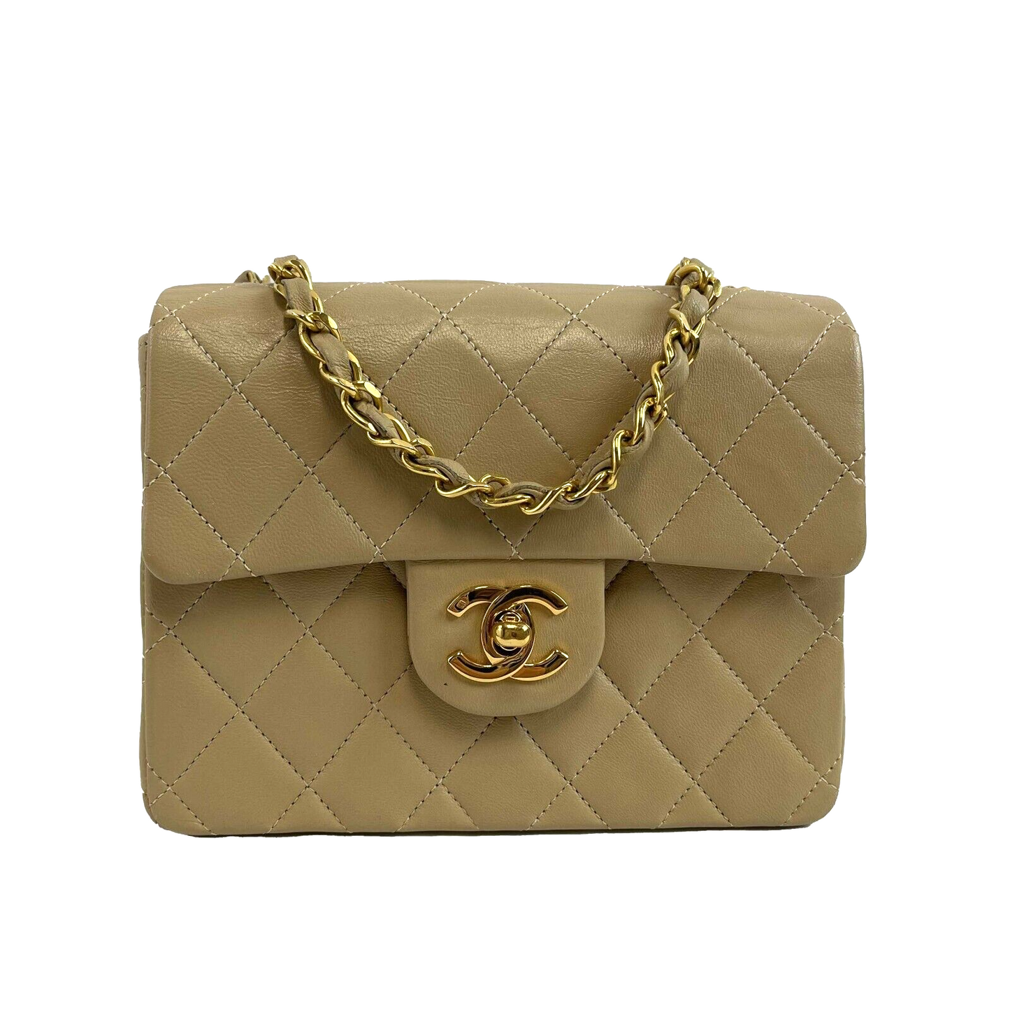 Chanel Vintage Classic Single Flap Mini Lambskin Beige Handbag Crossbody BOX