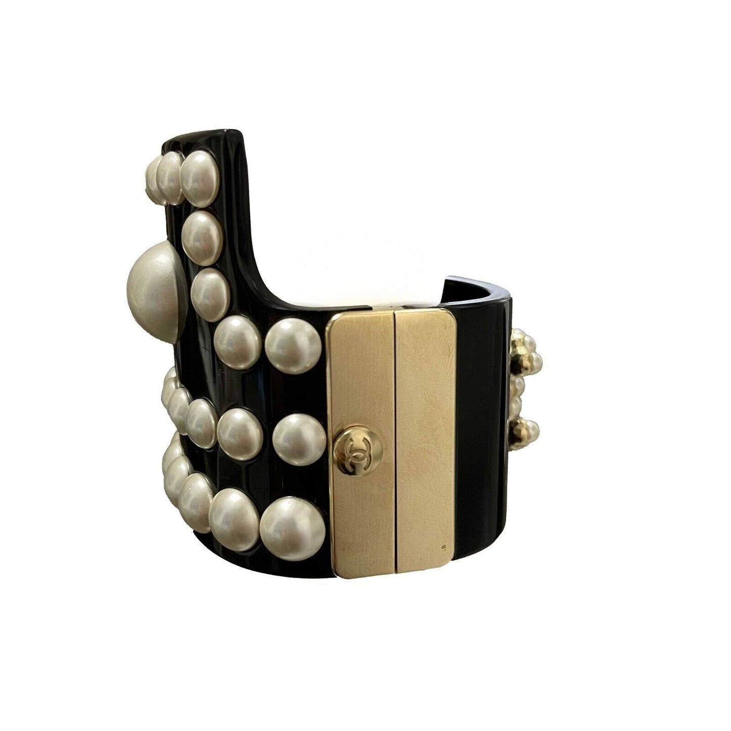 CHANEL - Statement Resin CC Pearl Studded Cuff - Black - Bracelet