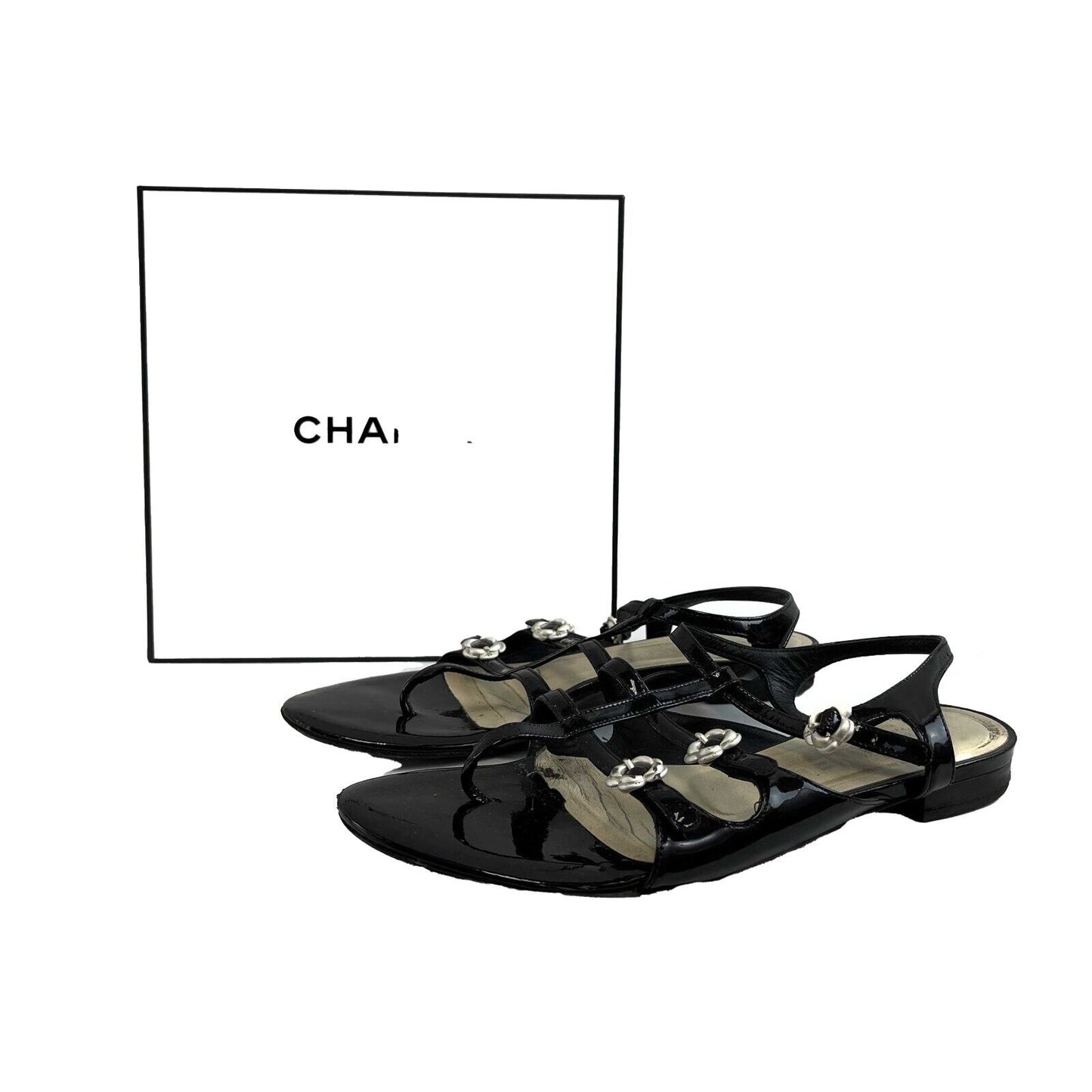 Chanel Black Camellia Flower Accent T Strap Patent Leather Sandals 37 US 7