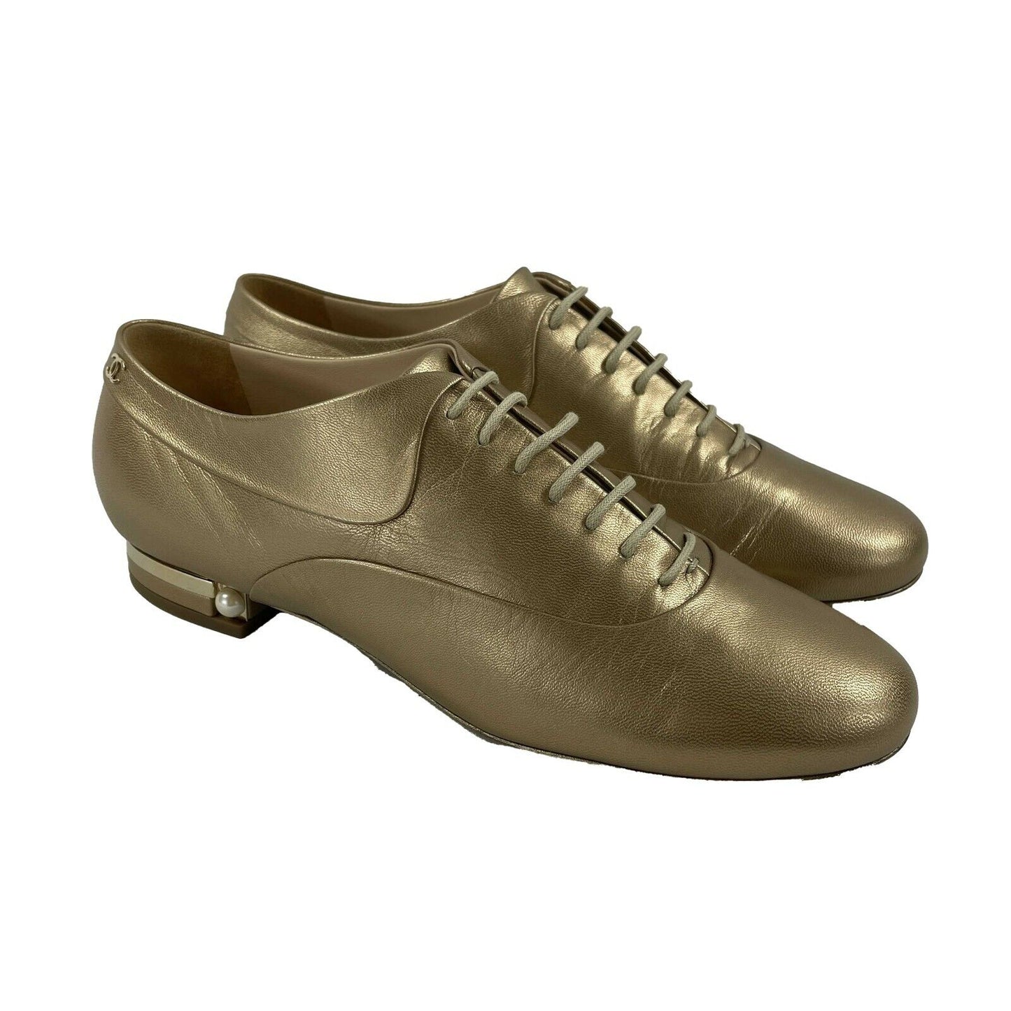 CHANEL - NEW 2015 Metallic Gold Leather CC / Pearl Oxford Shoes - 39 US 9