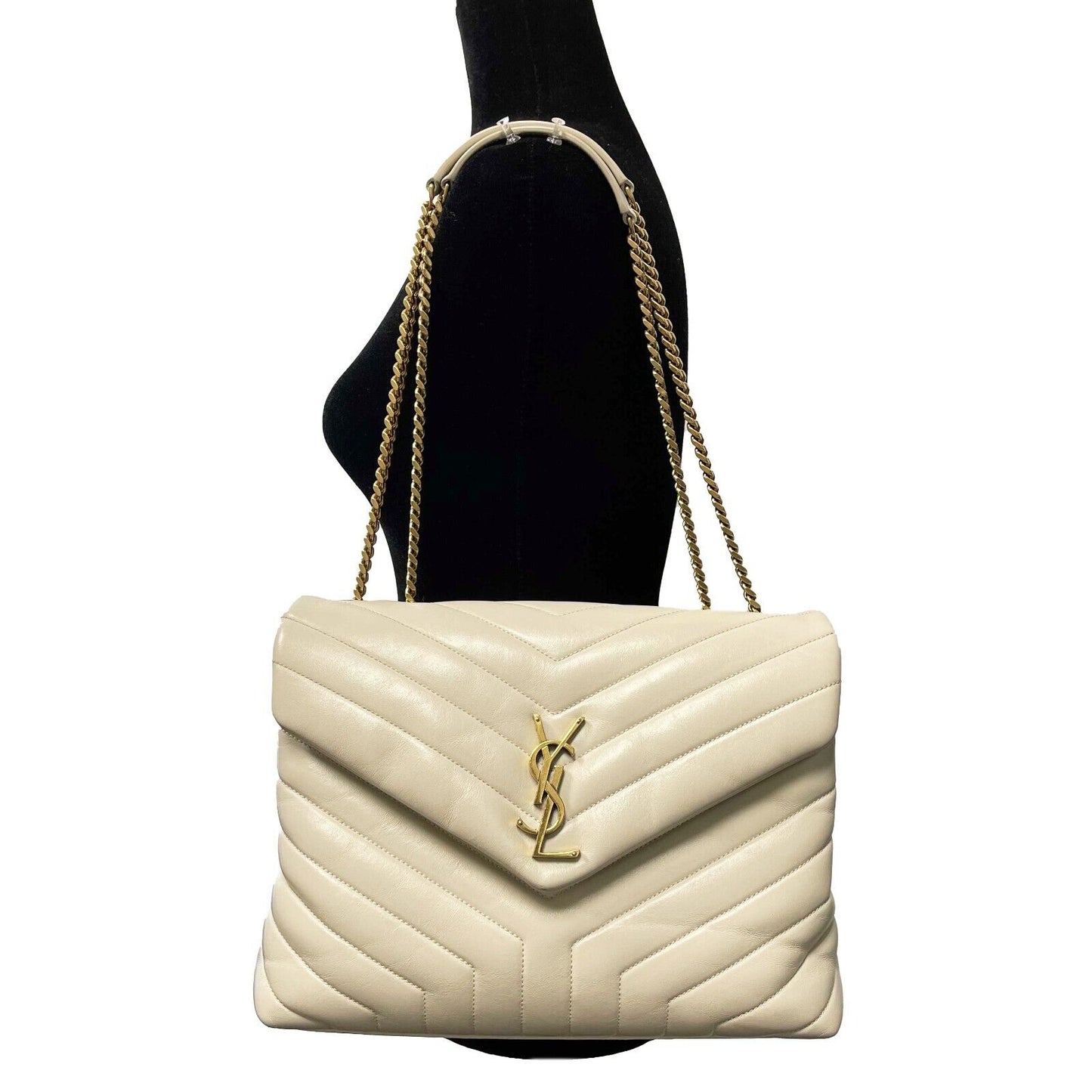 Saint Laurent - YSL Loulou Medium Chain - Calfskin Leather Beige Shoulder Bag