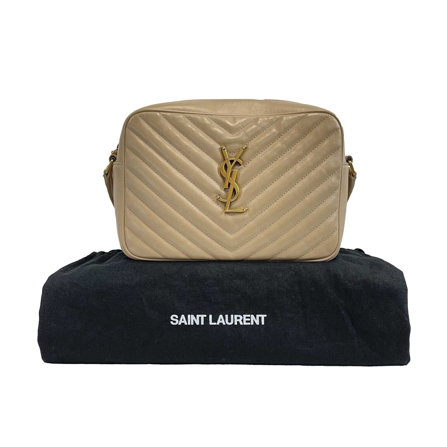 Saint Laurent YSL Beige Chevron Small Camera Bag w/ Tassel Crossbody