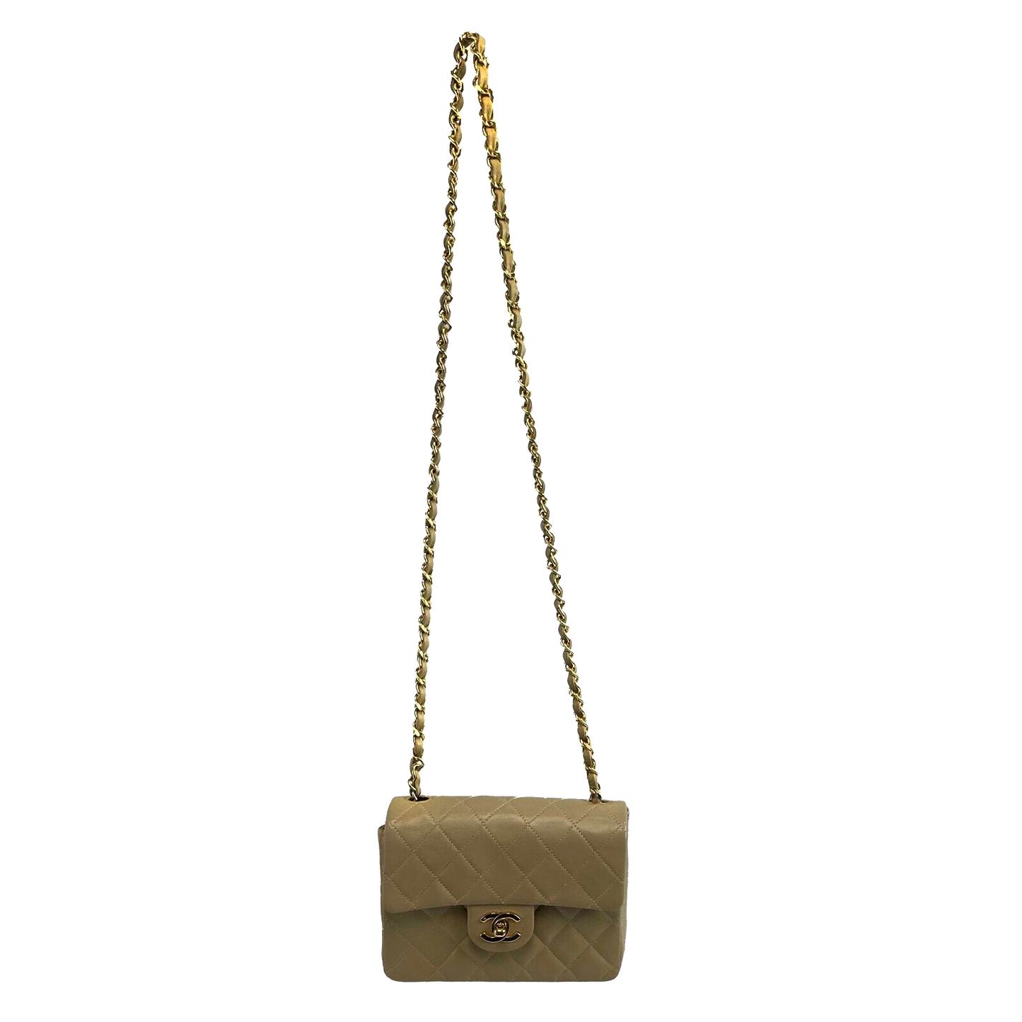 Chanel Vintage Classic Single Flap Mini Lambskin Beige Handbag Crossbody BOX