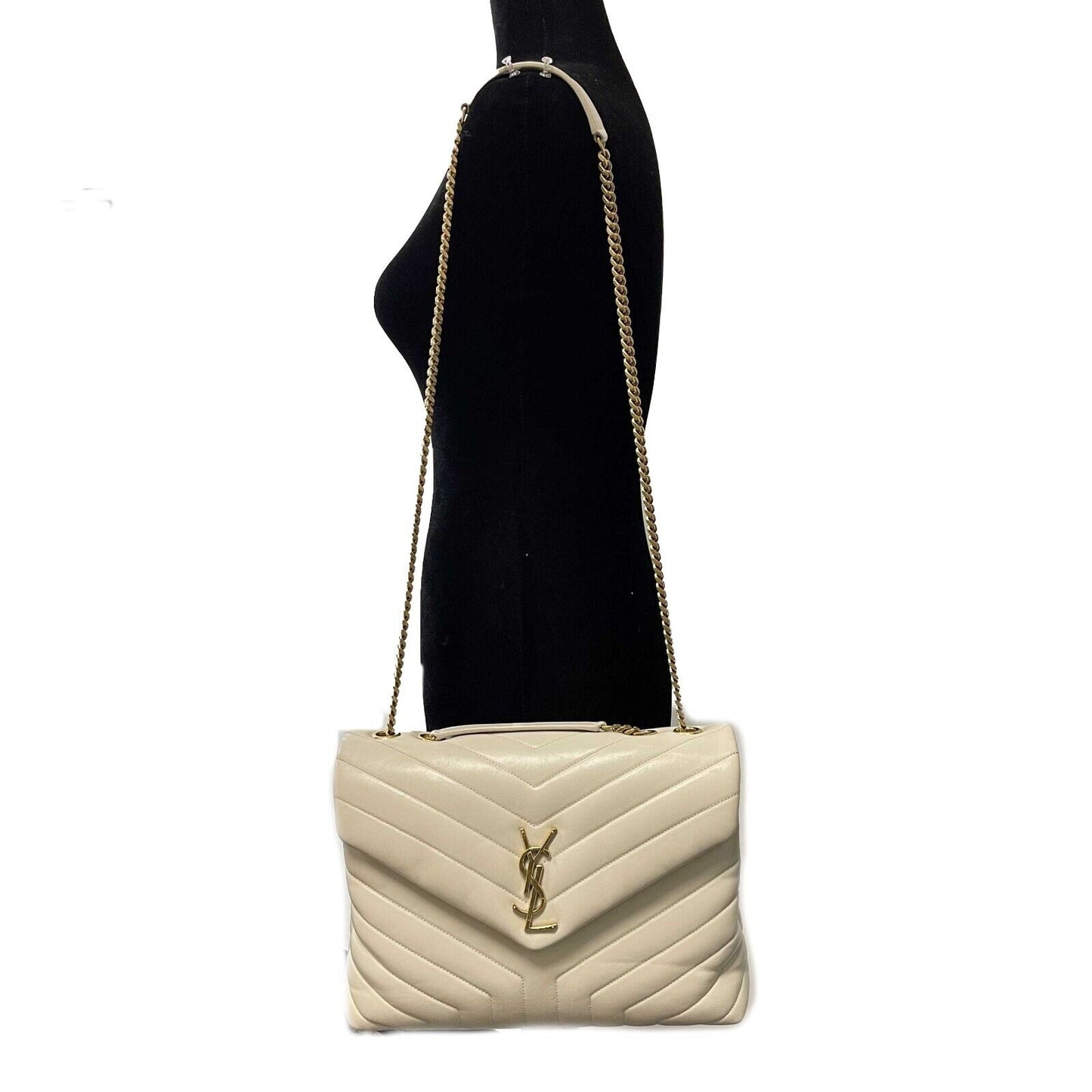 Saint Laurent - YSL Loulou Medium Chain - Calfskin Leather Beige Shoulder Bag