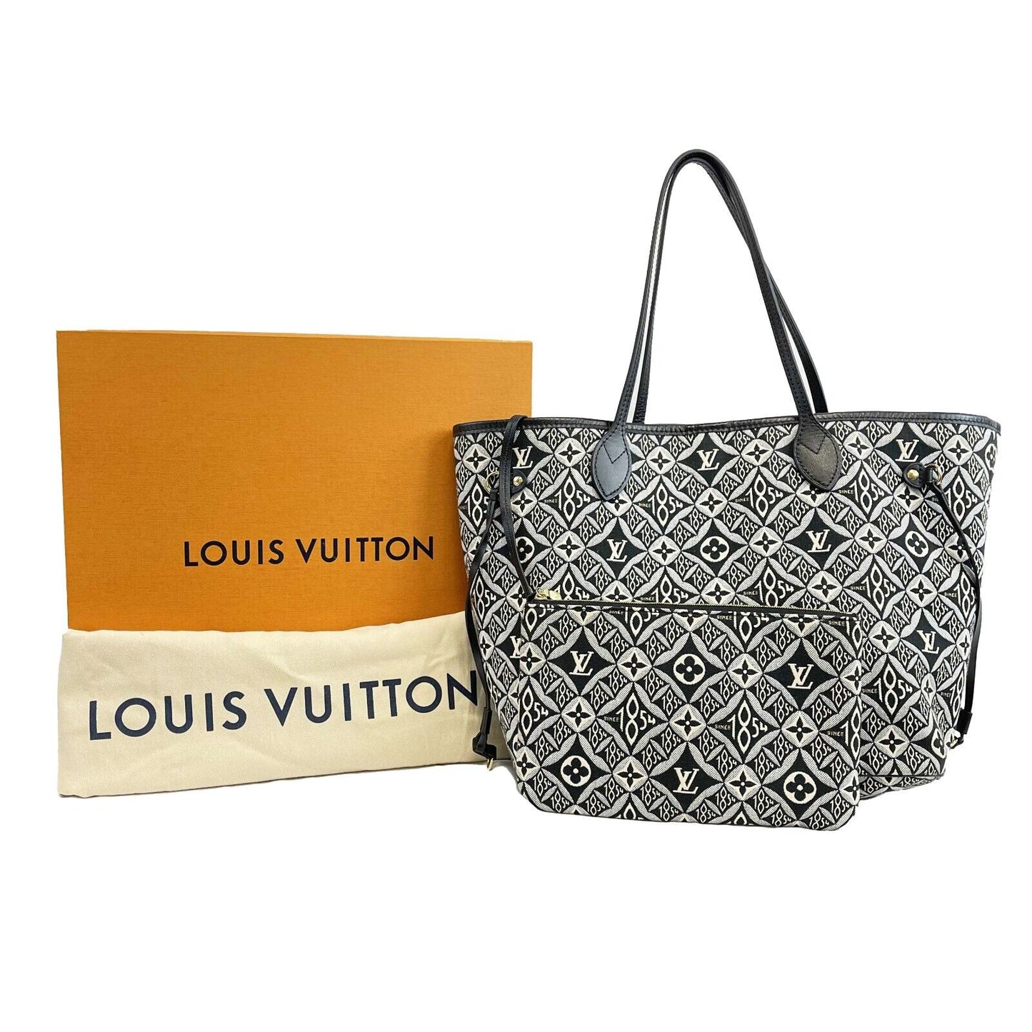 Louis Vuitton - Since 1854 Neverfull MM - Black / White Jacquard Tote w/ Pouch