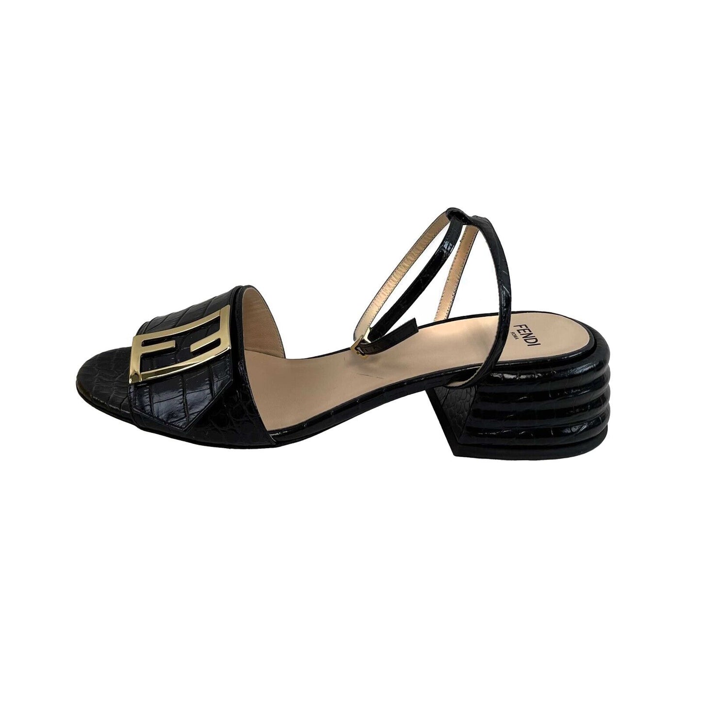 Fendi Croc Embossed Promenade Sandals Black 38 US 8 Shoes NEW With Box