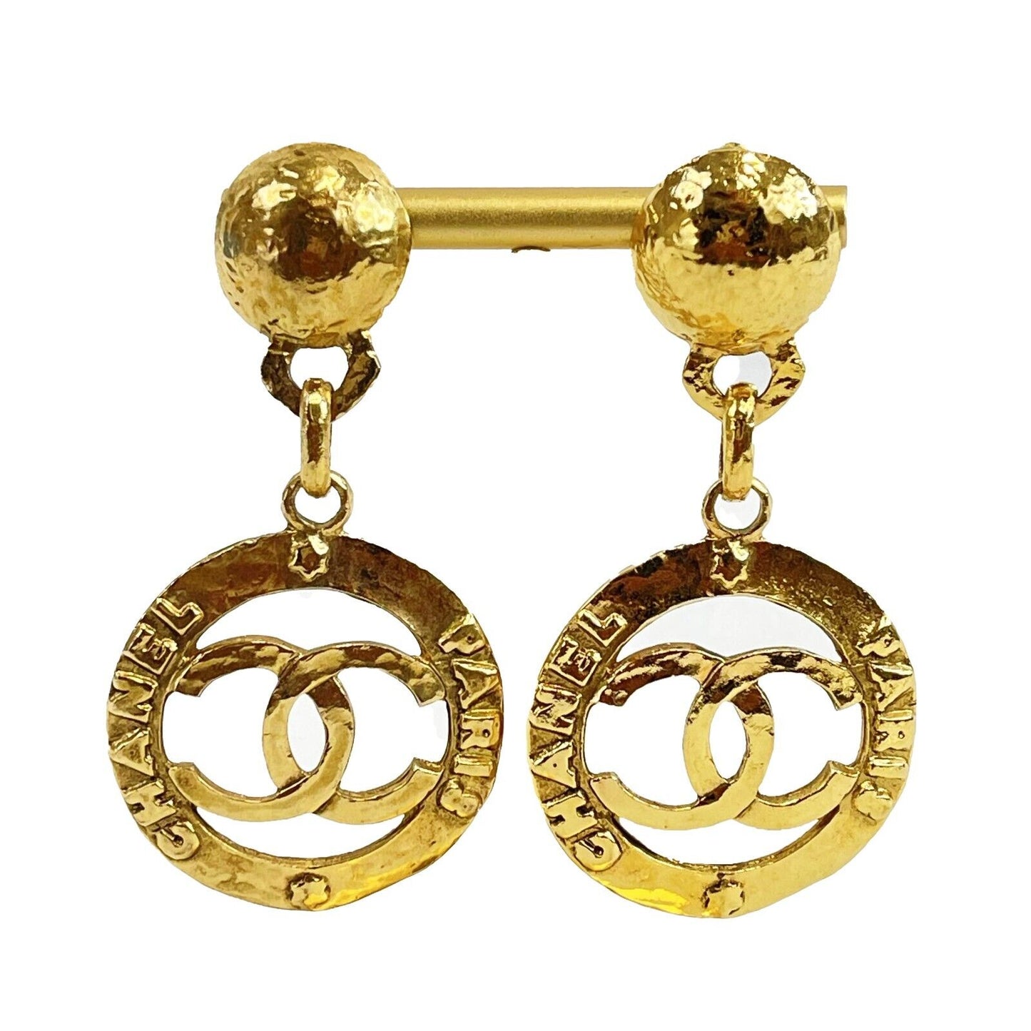 CHANEL - Vintage Earrings Coco Logo CC Circle Swing Gold Plated Clip On