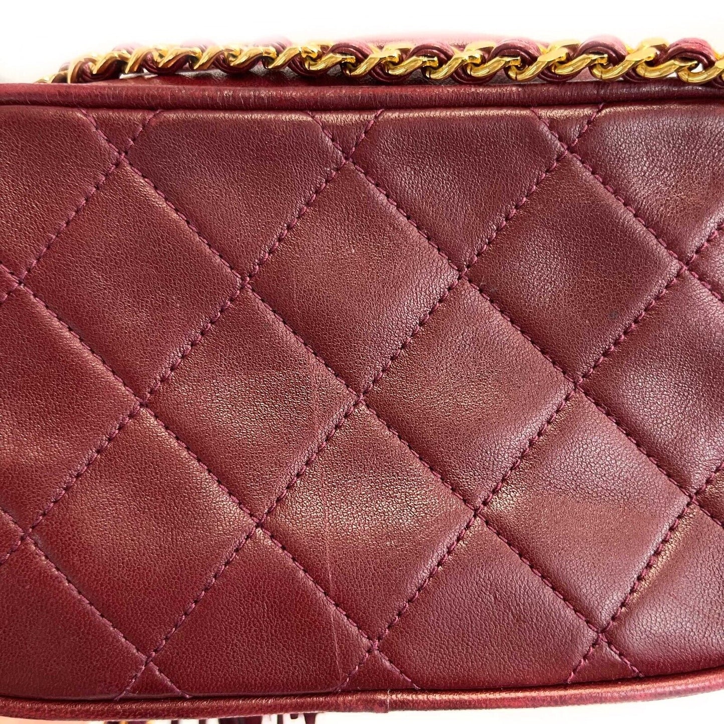 Chanel Vintage 90's Diamond Camera CC quilted Lambskin Tassel Red Handbag