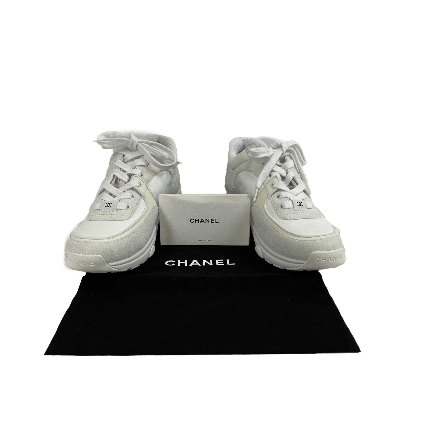 CHANEL - Interlocking CC Logo White Suede Sneakers - Size 38 US 8 New w/ Box